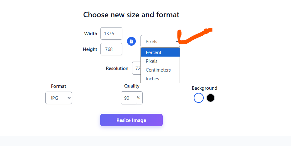 Percent Pixels Centimeters and Inches image resize options
